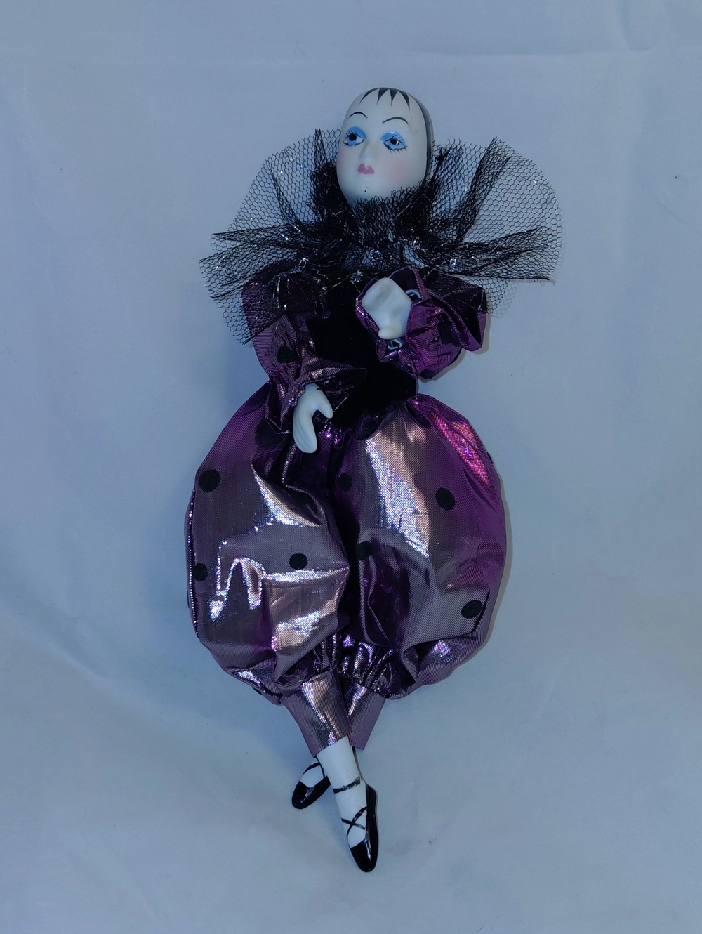 10" Porcelain Clown/Jester/Harlequin/Mardi Gras Doll in a Black and Purples